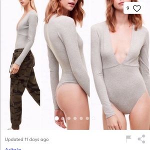 Aritzia Tna grey body suit deep vneck long sleeve